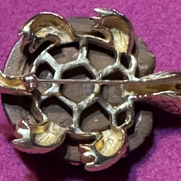 Vintage 14K Gold Turtle Brooch With Citrine Accents Petrified Wood Shell 2" X 1 - Picture 4 of 8